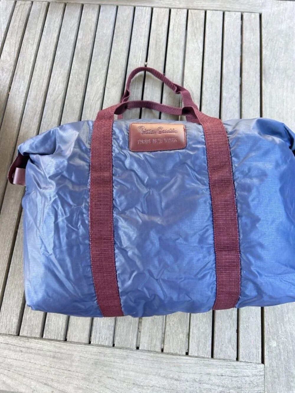 Pierre Cardin Vintage 80s Blue Nylon Duffle Gym Bag Maroon Straps